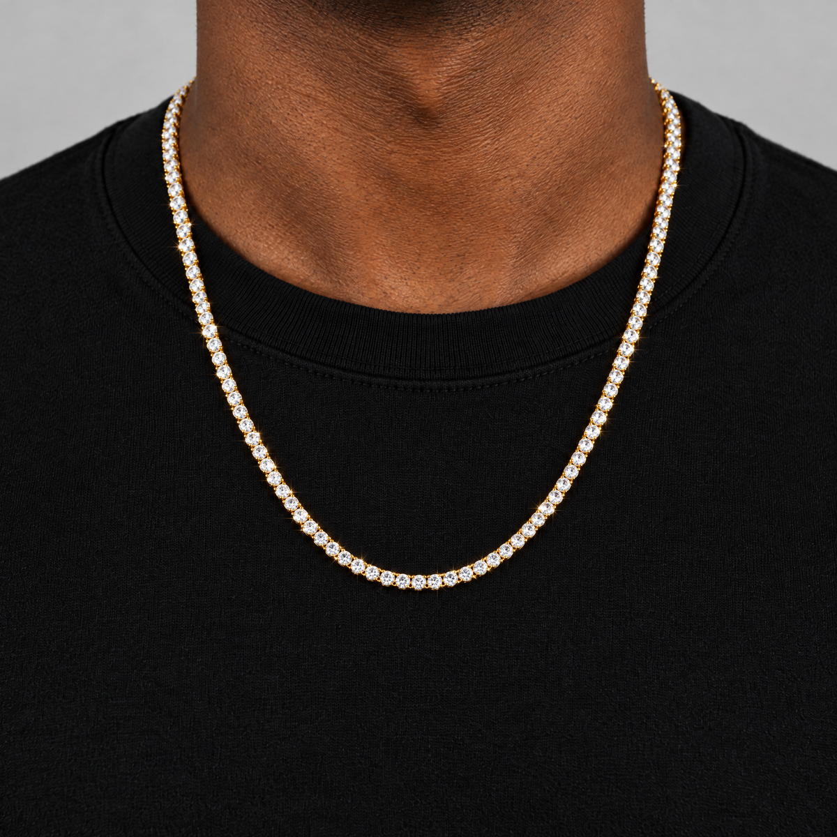 Gold moissanite tennis chain on model