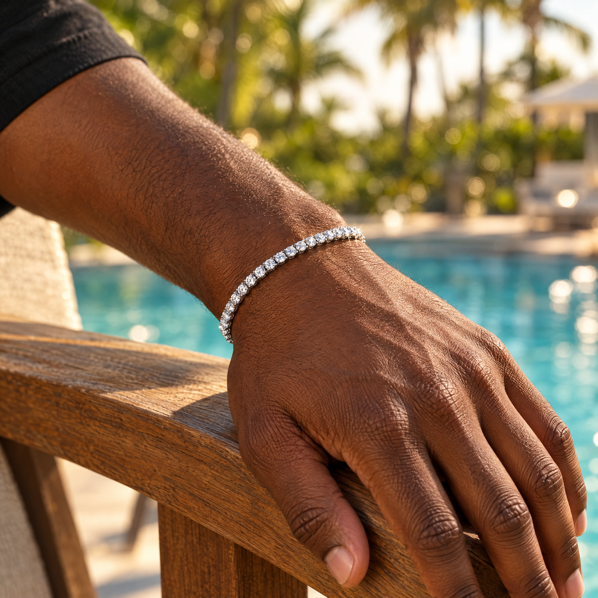 Moissanite tennis bracelet on wrist by the pool